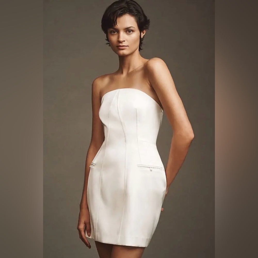 NWT BHLDN Anthropologie Clean Lines Satin Strapless Mini Dress in Ivory Sz L